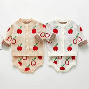 Sonbahar Kız Kazak Takım Elbise Elma Baskı Ceket + Tulum Yeni Bodysuit Bebek Kız Giysileri Çocuk Örme Set 210413