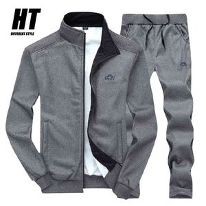 Mens tracksuits polyester sweatshirt set grå jacka + sweatpants casual dragkedja stativ krage jogging fitness sport kostym 4xl 210603