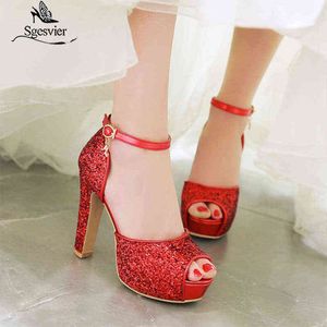 Sandals Sgevier Women New Summer Sandals Sexy Bride Wedding Shoes Peep Toe Thick Heel Platform Red Gold Woman OX362 220121