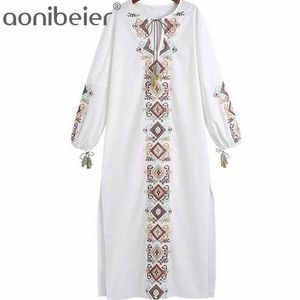 Vintage Totem Broderade Tassels Tie Neck And Cuff Women Robe Klänning Slit Side Rak Casual Long Maxi Kvinna 210604