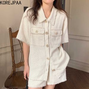 Korejpaa 여성은 여름 한국어 세련 된 틈새 옷깃 버튼 술 셔츠 높은 허리 스트레이트 2 피스 캐주얼 반바지 210526