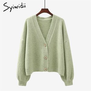 Syiwidii ​​Green Cardigans Tröjor för kvinnor Fall Winter Casual Oversized Strikkad Jacka V Neck Knapp Upp Långärmad Coats 211011