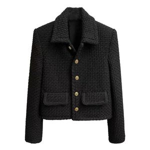 Vintage Small Fragrance Beskuren Jacka Kvinnor Fall Koreansk Fashion Black Casual Tweed Jacket Elegant Chic Single Breasted Outwear 211105