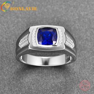 BONLAVIE Blue Stone Wedding Ring 925 Sterling Silver Men Jewelry Bands 211217