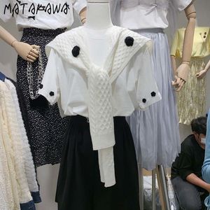 Matakawa Floarl Loose Woman Tshirts Spring and Summer Korean Tops Round Neck Pullover Kortärmad T-shirt med Shawl 210513