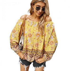 Frauen Hemd Slash Neck Off Schulter Drucken Frau Blusen Shirts Langarm Plus Größe Vintage Sexy Tops Bloues 210513