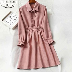 Vintage Corduroy Women Fashion Bow Dress Polo Collar Knapp Pullover Klänningar Höst och Vinter Kvinna Vestidos 12005 210417