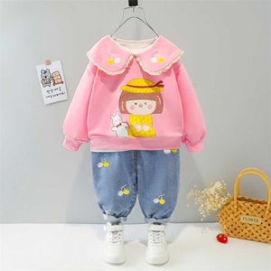 Outono meninas roupas terno estilo moda algodão materail manga comprida de 1 a 5 anos de idade conjuntos de roupas de bebê 211104