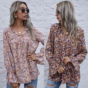 Tops das mulheres de verão e blusa impressão camisas Primavera floral manga comprida lace blusa top womens bohemian babados v-pescoço camisas 210514