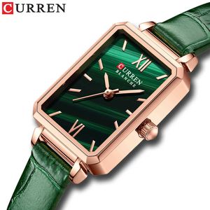 Curren Women Quartz Watches Leather Fashion Charm Rectangular Thin Wristwatches for Ladies Clock Green Q0524