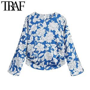 TRAF Women Fashion With Gathering Floral Print Cozy Blouses Vintage Long Sleeve Side Zipper Female Shirts Chic Tops 210415