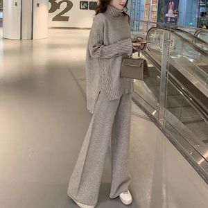 CBAFU sweater set women tracksuit spring autumn knitted suits 2 piece set warm turtleneck sweater pullovers wide legs pants P763 X0428