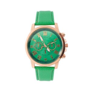 패션 로마 번호 다이얼 녹색 여자 시계 레트로 제네바 학생 시계 매력적인 여자 석영 손목 시계 가죽 밴드