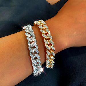 Fashion Luxury 12mm Iced Out Cuban Link Chain Bracelet for Women Men Gold Silver Color Bling Rhinestone Jewelry