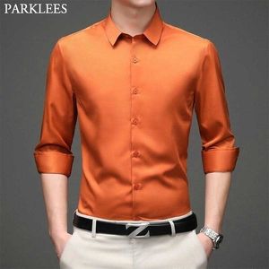 Orange Superfine Fabric Shirt Men Brand Elastic Slim Fit Long Sleeve Mens Dress Shirts Non-iron Casual Formal Chemise 210522