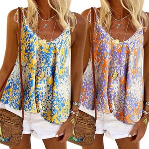 Women Floral Casual Summer Blouse Shirts V Neck Sleeveless Spaghetti Strap Chiffon Loose Tops Ladies Tank Female Shirt Women's Blouses &