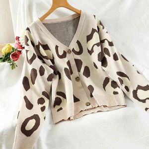 Women Leopard Knitted Cardigan Fashion Retro V Neck Long Sleeve Sweater Winter Casual Loose Korean Streetwear Jumper 210419