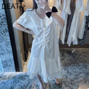 Women White Irregular Shirring Bandage Dress Peter Pan Collar Short Sleeve Loose Fit Fashion Tide Summer 7D0027 210421