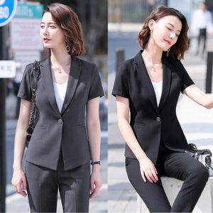 Damskie garnitury Blazers Summer Formal Ladies Gray Blazer Kobiety Business Spodni i zestaw kurtki Zestaw roboczy