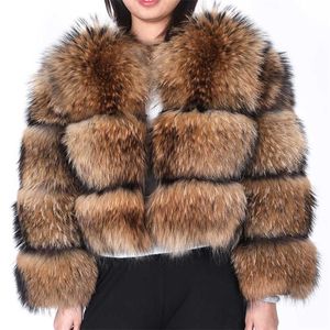マウモココン冬の女性の本物の毛皮のコートナチュラルアライグマジャケット高品質ラウンドネック暖かい女性211220