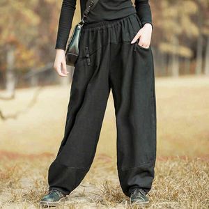 Johnature mulheres pretas estilo chinês calças de perna larga botão bolsos espessos espessos quentes elásticos cintura calças de inverno calças de inverno 210521