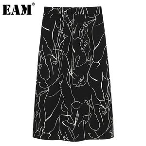 [EAM]黒いカジュアルパターンプリントスリットハイウエスト半身ミッドカーフスカート女性ファッションフィット春夏1DD7803 21512