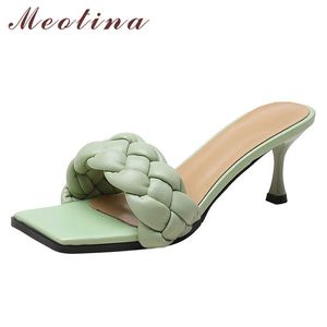 Meotina Frauen Schuhe Cross Strap High Heel Sandalen Quadratische Zehe Hausschuhe Dünne Ferse Damen Schuhe Sommer Apricot Grün Mode 40 210608