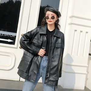 FMFSSOM Spring Autumn Four Big Pocket Chic Loose Design Biker BF Vintage Women Lady Pu Leather Jacket Moto