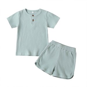 Miúdos de algodão sólido pijamas conjuntos unisex meninos roupas pijama calças homewear meninas tops + shorts verão manga curta 211105