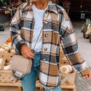 Spring Plaid Women's Jacket Check Wool Loose Long Sleeve Single Breasted Female Jackets Autumn Elegant Fashion Lady Coat 211029