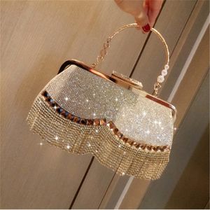 Damskie torebki i torebki Prestiżowy Projektant Torba Sprzęgła 2021 Nowy Rhinestone Bankiet Gold Evening Bag Party Torebka Łańcuch Torba