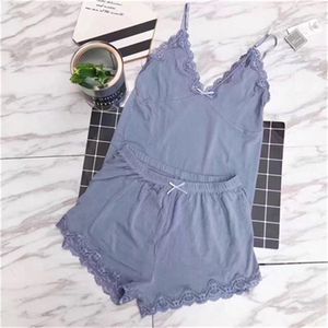 Daeyard Two Pieces Cotton Pyjama Set Sexig spetsskiva och shorts Summer Pyjamas Sleepwear High Elastic Pijama Nightie Home kläder 210330