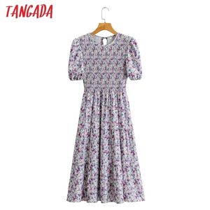 Tangada Women Pleated Flowers Print Long Dress O Neck Short Sleeve Summer Ladies Vestidos SY211 210623