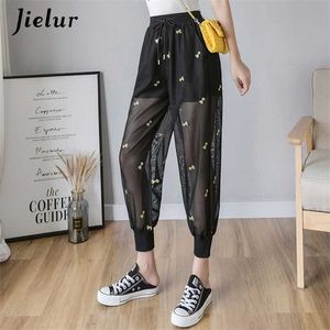 Jielur Ice Silk Pants Female Embroidery Harem Women Thin Loose Mesh Casual Sunscreen Black Pantalon Femme S-XXL 211115