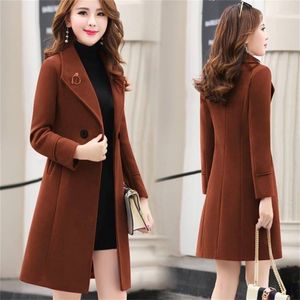 Woolen Coat Kvinnors Mid-Length Höst och Vinterstil Koreansk Fashion Slim Woolen Coat Kvinnors Trench Coat 210930