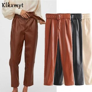 KlkxMyt High Street Vintage PU Skórzane Sashes Waist Proste Spodnie Kobiety Pantalones Mujer Pantalon Femme Spodnie 210527