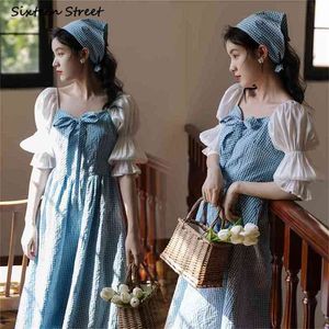 Vintage Square Collar Blue Dresses for Woman Puff Sleeve Evening Party Female Bow Cosplay Long Clothing 210603