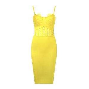 Lace Bandage Dress Mulheres Senhoras Roupas Elegante Partido Midi Verão Outono Sexy Yellow Bodycon Vestidos 210515