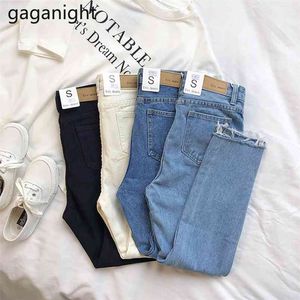 Estilo coreano vintage moda alta cintura tornozelo-comprimento pant mulheres bolsos zíperes senhoras casuais solta jeans reta 210601