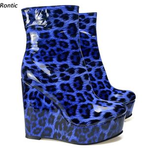 Rontic handmade mulheres plataforma de inverno botas de tornozelo unisex patente cunhas saltos redondos idosos leopardo cosplay sapatos tamanho 5-20