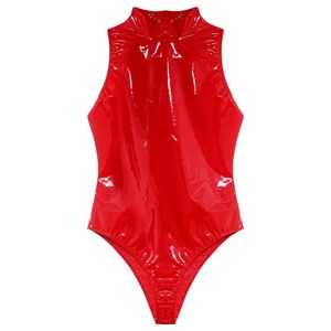 One-peça ternos femininos de alta corte Bodysuit Zipper Voltar Mock Pescoço Olhamento Olhar Patente Couro Catsuit Clubwear Rave Barra Jumpsuit Forma