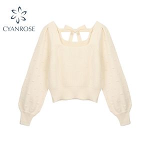 Jesień Sweter Kobiety Kwadratowy Kołnierz Pulowers Z Długim Rękawem Casual Elegancki Vintage Preppy Styl Knitted Swetry Jumper Topy 210515