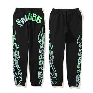 Nytt fluorescerande grönt mönster 555555 Sweatpants Hoodies Sweatshirt Män Kvinnor Flamskum Tryck Sp5der 555555 Byxor Joggare