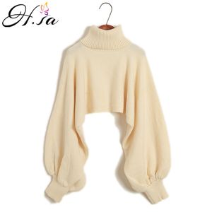 H.SA Women Turtleneck and Pullovers Lantern Sleeve Oversized Pull Jumpers 2 Piecs Vest Thick Winter Sweater 210417