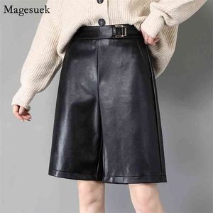 Höst Sexig Svart PU Läder Shorts Kvinnor Casual High Waist Kort Mujer Vinterfickor Wide Ben Biker 12134 210512