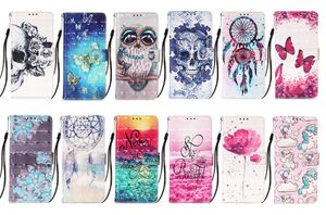 3d läder plånbok fodral för iPhone 13 12 mini 11 PRO XS Max XR X 6 7 8 PLUS OWL Skull Dream Flower Unicorn ID Card Slot Flip Cover