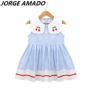 Flicka blå rand klänning sommar körsbär krage ärmlös bomull sundress baby kläder lt034 210610