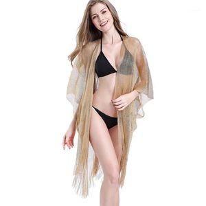 Saf Bikini Mayo toptan satış-Kadın Mayo Seksi Kadınlar Sheer Mesh Bikini Kapak Up Mayo Mayo Gevşek See Püskül Altın Plaj Uzun Elbise Tunik Robe