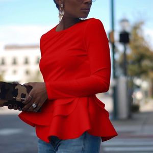 Damen T-Shirt Weiß Rüschensaum Herbst Winter Langarm Damen Tops Blusen Büro Dame Elegant Schwarz Rot Lässig Schößchen Weiblich