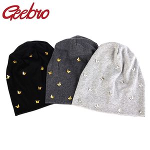 Geebro Fashion Soft Women Metal Butterfly Cotton Beanies Hat Caps Elastic Slouch Stretch Baggy Hats Bonnet Femme 211119